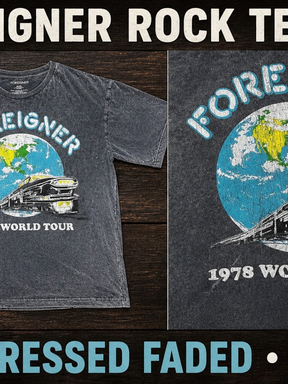 Foreigner Faded Black World Tour 1078 Graphic Tee with Blue & White Globe